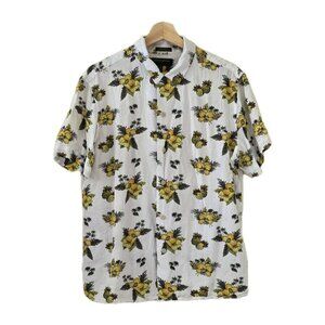 Banana Republic Shirt Mens L White Yellow Print Hawaiian SS Floral Camp Collar